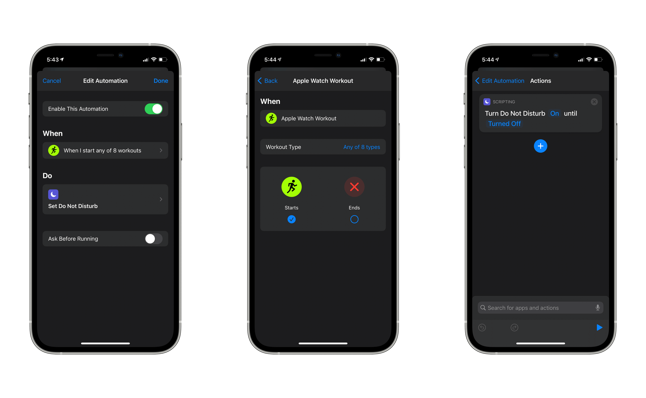 3 iPhones with screenshots of Shortcuts Automation process